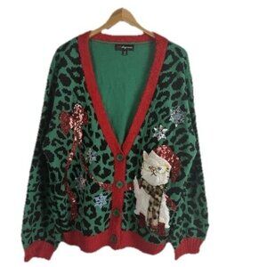 33 Degrees Women's XXL Cat Lover Ugly Christmas Sweater  Green Red White Party